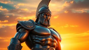 Bronze Warrior Against Sunset – free AI stock image