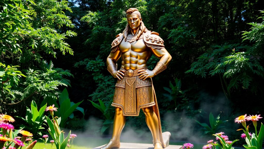 Bronze Warrior Amidst Nature’s Beauty – free AI stock image