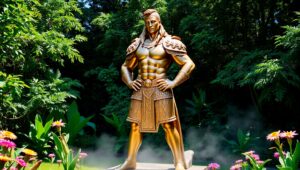 Bronze Warrior Amidst Nature’s Beauty – free AI stock image