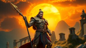 Bronze Warrior at Sunset – free AI stock image