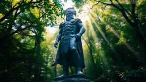 Bronze Warrior in Lush Forest 5QB – free AI stock image
