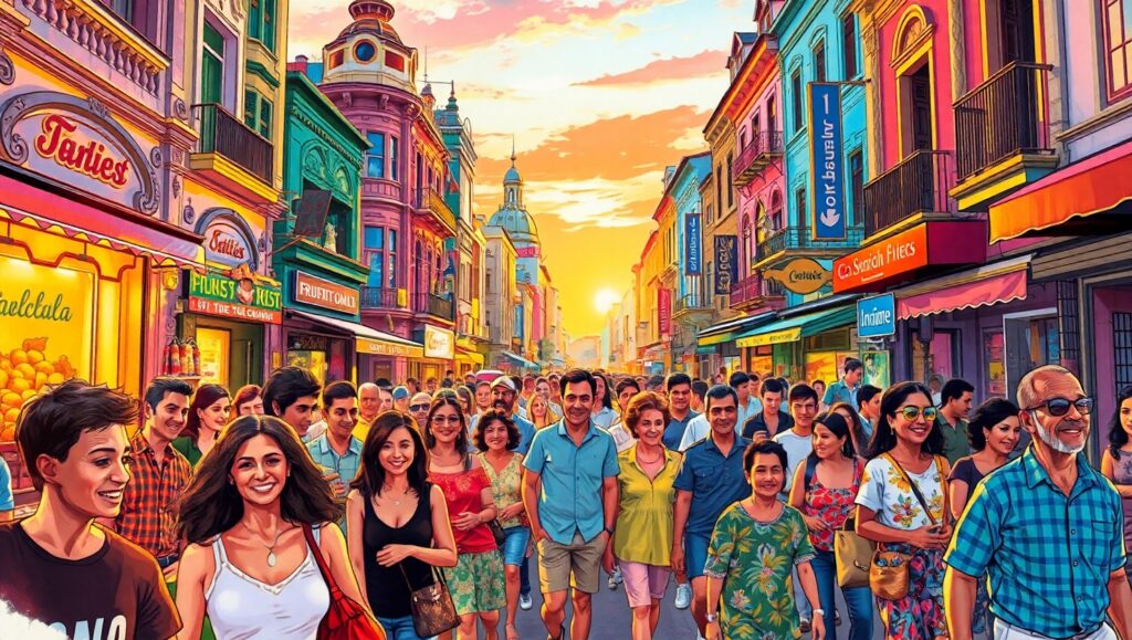 Bustling City Street at Sunset – free AI stock image