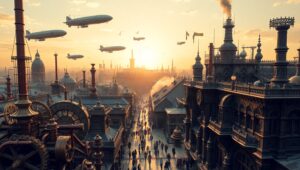 Bustling Steampunk Cityscape Adventure – free AI stock image