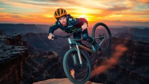 Canyon Leap at Sunset – free AI stock image