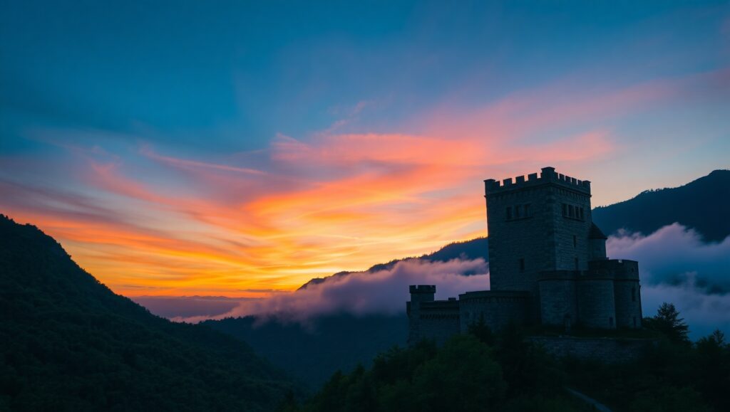 Castle at Dusk in Duotone – free AI stock image