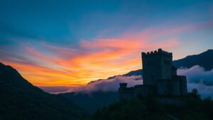 Castle at Dusk in Duotone – free AI stock image