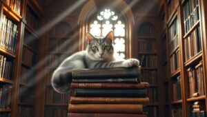 Cat in the Sunlit Library – free AI stock image