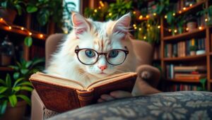 Cat Reading in Cozy Library – free AI stock image