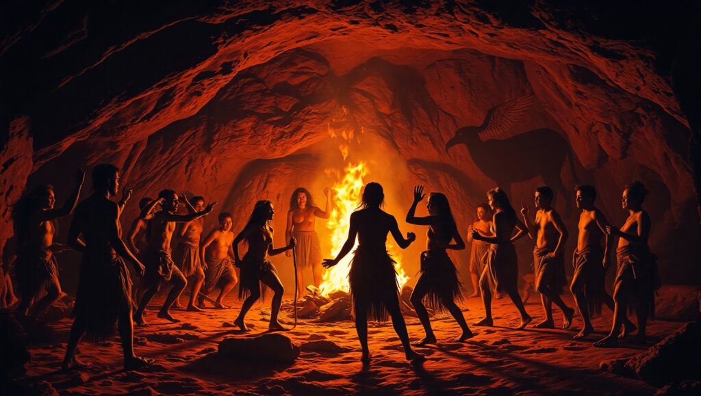 Cave Tribes in Dance Around Fire – free AI stock image