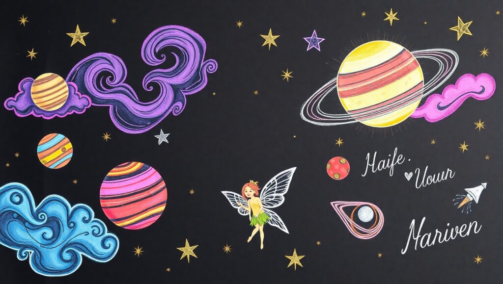 Celestial Creatures on Chalkboard Art – free AI stock image