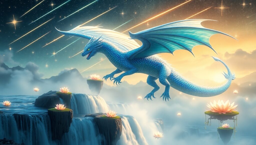 Celestial Dragon Over Glowing Waterfall – free AI stock image