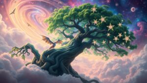 Celestial Tree of Mythical Beings – free AI stock image