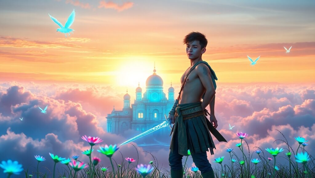 Celestial Warriors of the Cloud City – free AI stock image