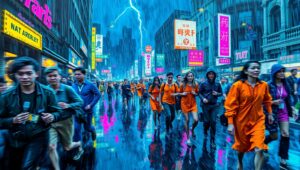 Chaos in a Thunderous Cityscape – free AI stock image