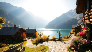 Charming Alpine Village in the Mountains – free AI stock image
