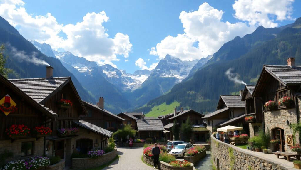 Charming Life in Mountain Village – free AI stock image