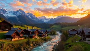 Charming Mountain Village at Sunset – free AI stock image