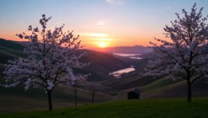 Cherry Blossoms at Sunset – free AI stock image