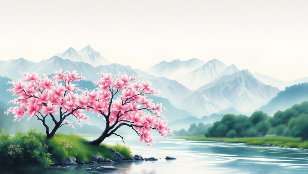 Cherry Blossoms by the Mountain River – free AI stock image