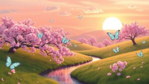 Cherry Blossoms by the Tranquil Stream – free AI stock image