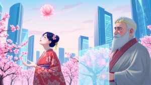 Cherry Blossoms in a Futuristic City – free AI stock image