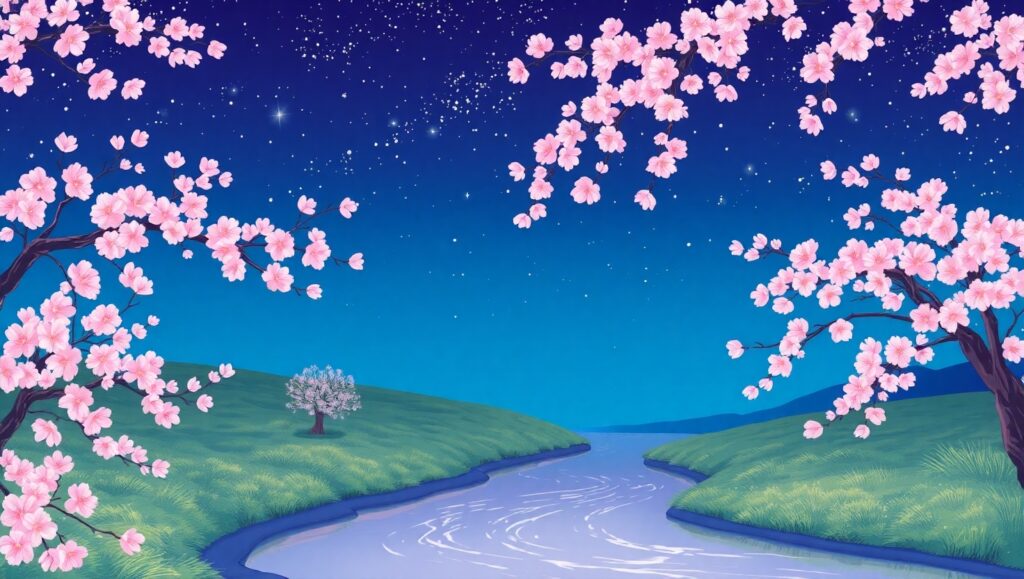 Cherry Blossoms Under Starry Night – free AI stock image