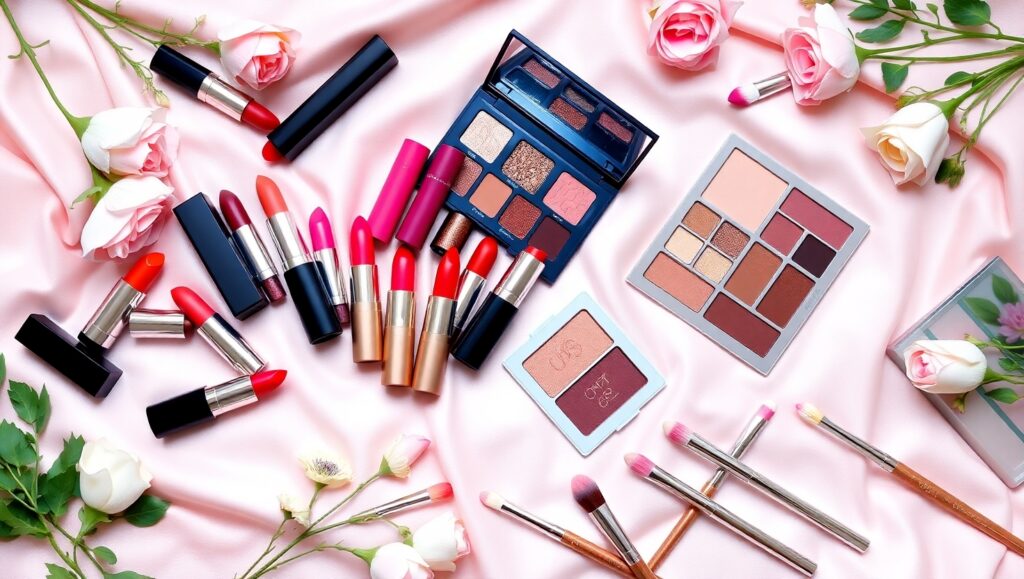 Chic Cosmetic Flatlay Display – free AI stock image