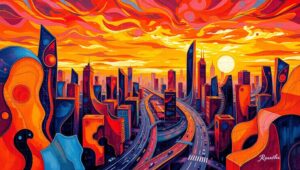 City at Dusk: Abstract Acrylic Style – free AI stock image