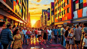 City Life Mosaic at Sunset – free AI stock image