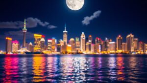City Lights and Calm Reflections – free AI stock image