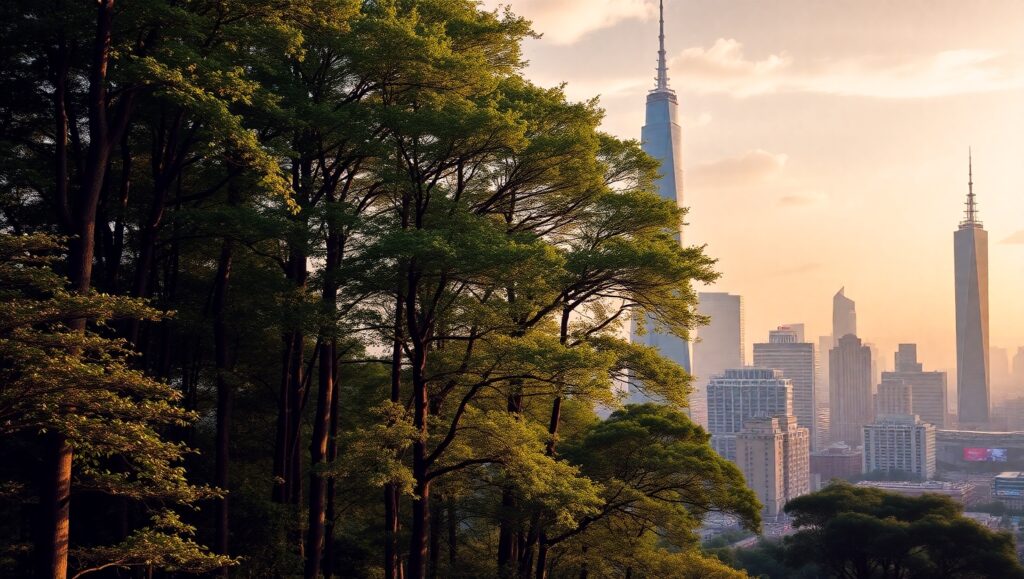 City Meets Nature: A Dual Reality – free AI stock image