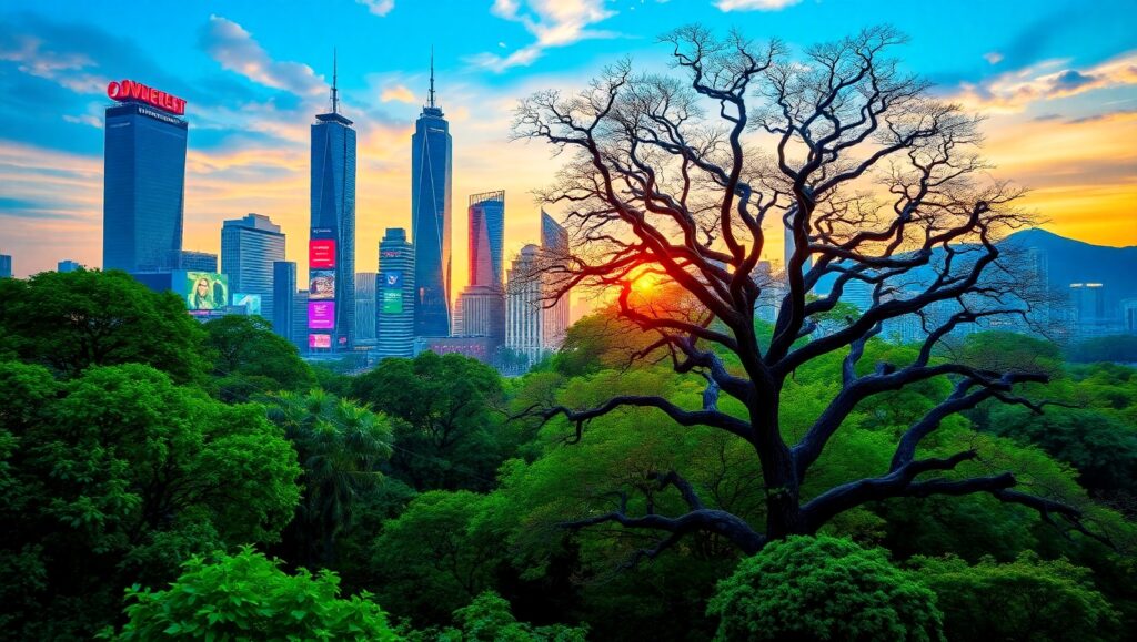 City Meets Nature in Harmony BFu – free AI stock image
