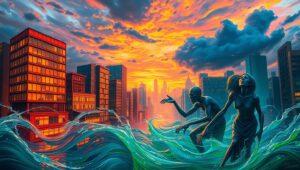 City of Turmoil at Dusk – free AI stock image