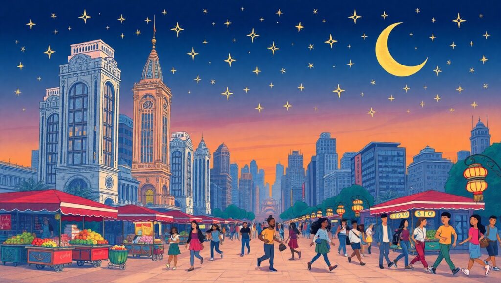 City Twilight Chalkboard Art – free AI stock image