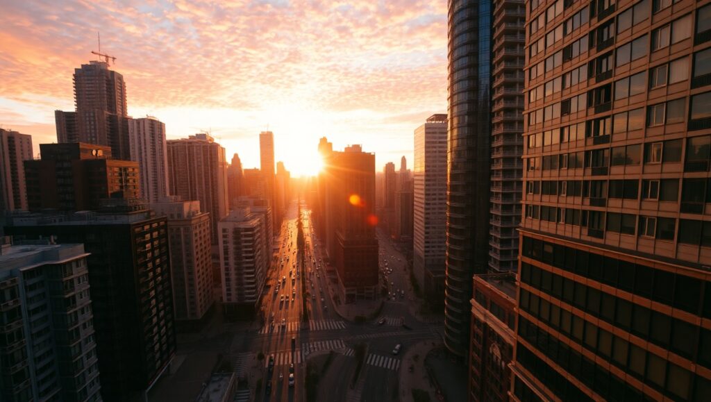 Cityscape at Sunset from Above – free AI stock image