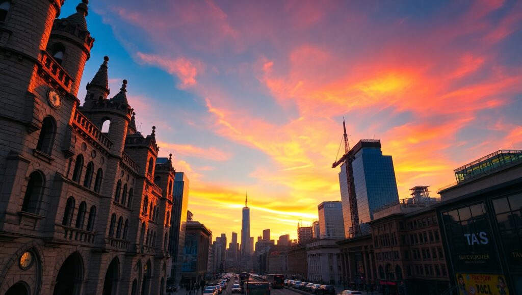 Cityscape at Sunset from Below – free AI stock image
