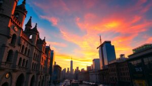 Cityscape at Sunset from Below – free AI stock image