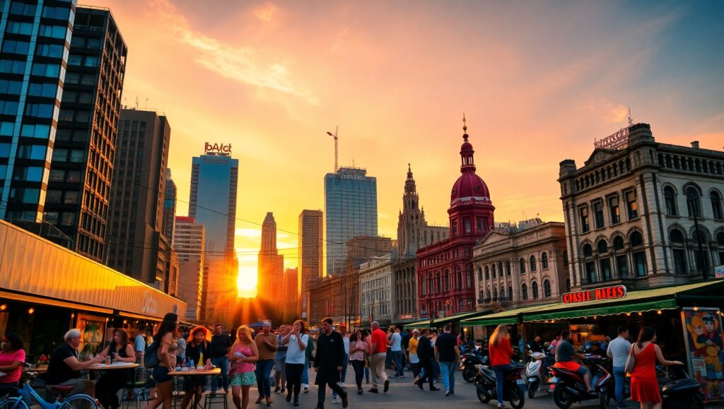 Cityscape at Sunset with Street Life – free AI stock image