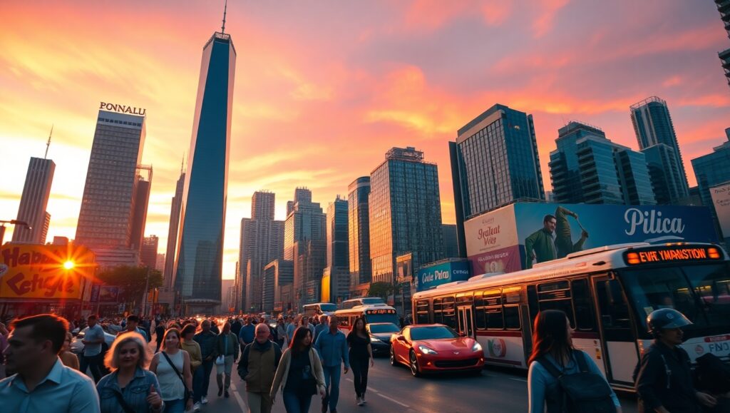 Cityscape from Below at Sunset – free AI stock image