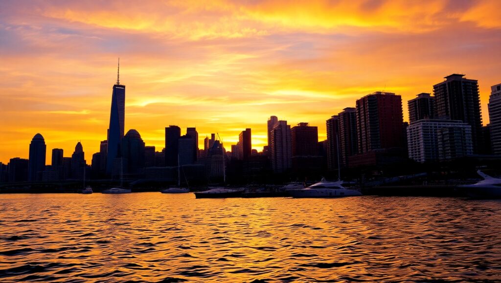Cityscape Reflections at Sunset – free AI stock image