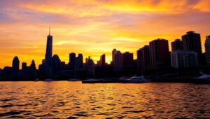 Cityscape Reflections at Sunset – free AI stock image