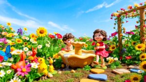 Clay Animals in a Colorful Garden – free AI stock image