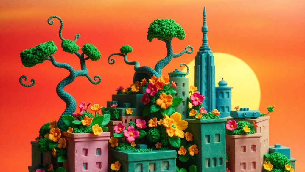 Clay Cityscape at Sunset – free AI stock image