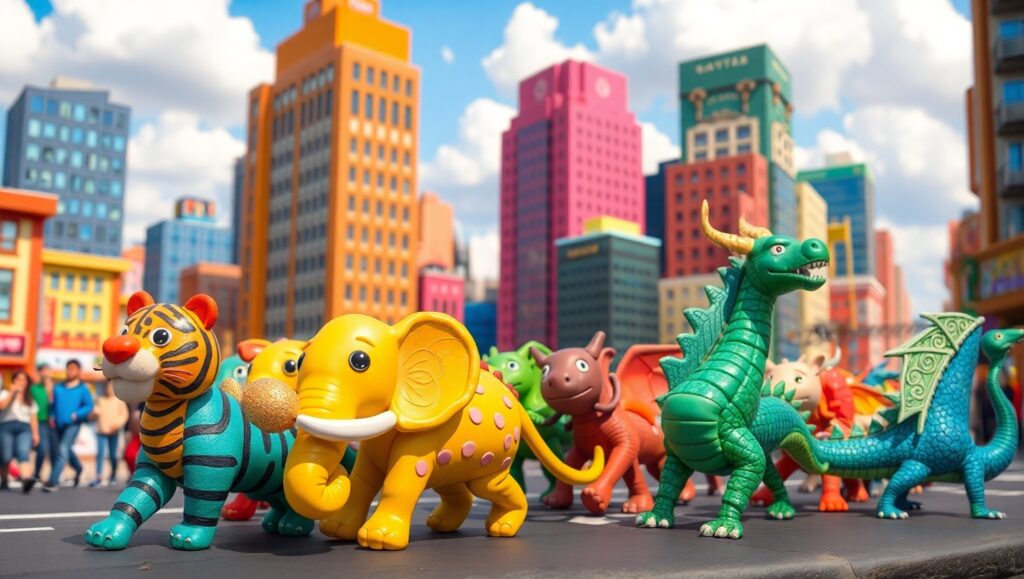 Clay Creatures in City Parade – free AI stock image