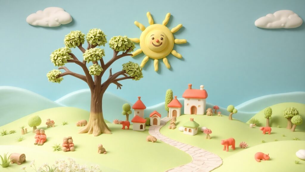 Clay Village in a Pastel Landscape – free AI stock image