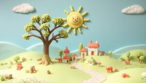 Clay Village in a Pastel Landscape – free AI stock image