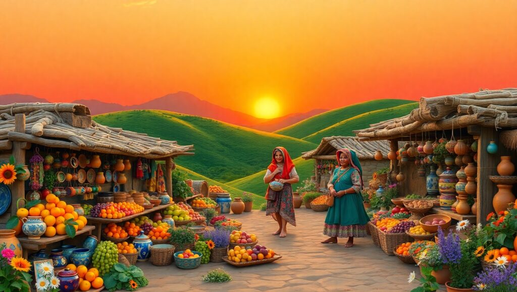 Clay Village Marketplace at Sunset – free AI stock image