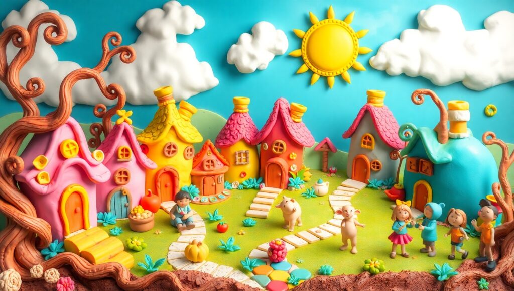 Clay Village with Colorful Creatures – free AI stock image
