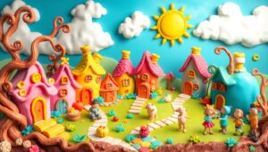 Clay Village with Colorful Creatures – free AI stock image