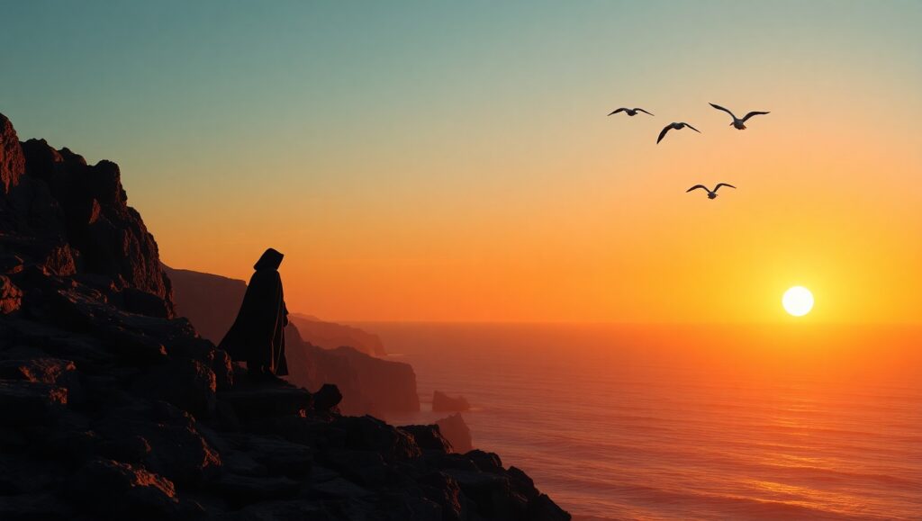 Cliffside Silhouette at Sunset – free AI stock image